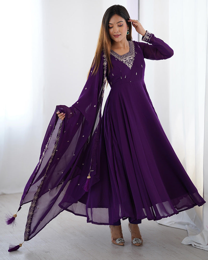 Royal Purple Georgette Anarkali 3 Piece Set with Dupatta | Elegant Embroidered Gown for Women | Festive & Wedding Traditional Wear