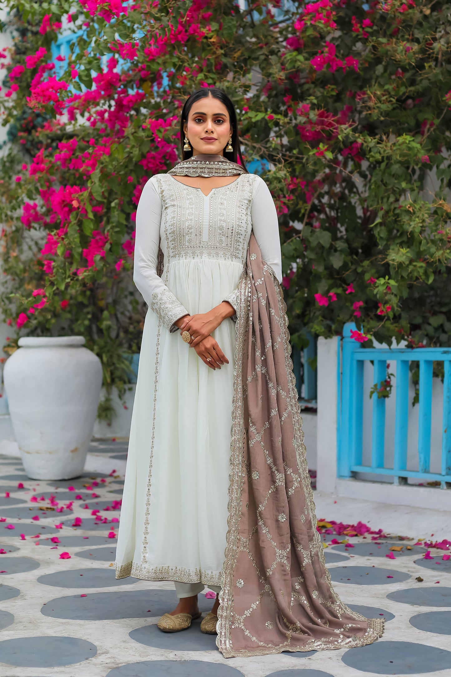 Magnificent Pure Chinon Silk Sequins Embroidered Anarkali Pant Suit - INDIAN ELEGANCE