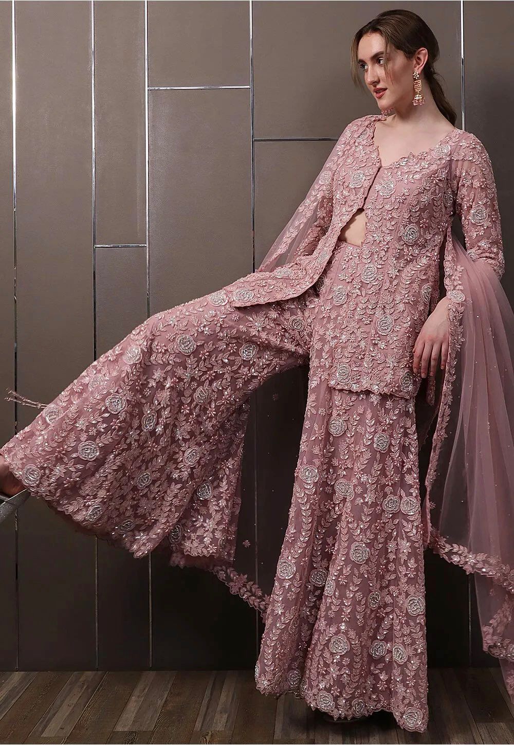 Rose Pink Georgette Sequined And Rivet Moti Palazzo Suit