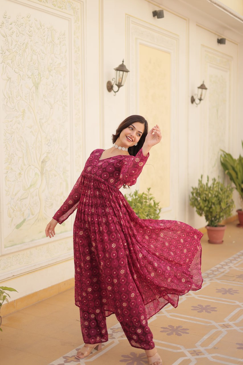 Dashing Faux Georgette Foil Printed Fully Stitched Top Pant Suit - INDIAN ELEGANCE