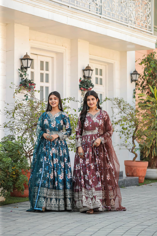 Lovely Floral Digital Printed Sequins Embroidered Crush Chinon Silk Suit - INDIAN ELEGANCE