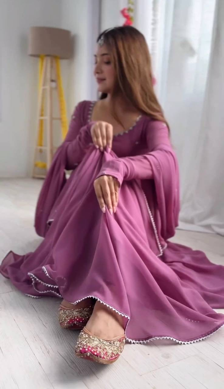 Beautiful Lavender Color Gerogatte Fabric Fully Stiched Anarkali -Festive Wear