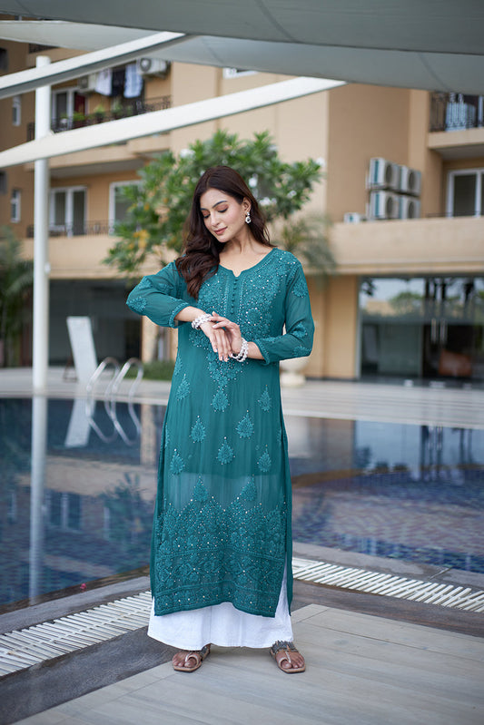 Bottle Green Embroidered Georgette Kurti Palazzo Set for Women