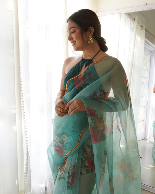 Spellbinding Sea Green Pure Organza Floral Handprinted Gota Worked Saree - INDIAN ELEGANCE