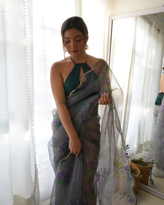 Lovely Gray Pure Organza Floral Handprinted Gota Worked Saree - INDIAN ELEGANCE
