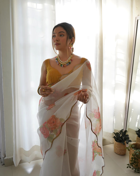 Mesmerizing White Pure Organza Floral Handprinted Gota Worked Saree - INDIAN ELEGANCE