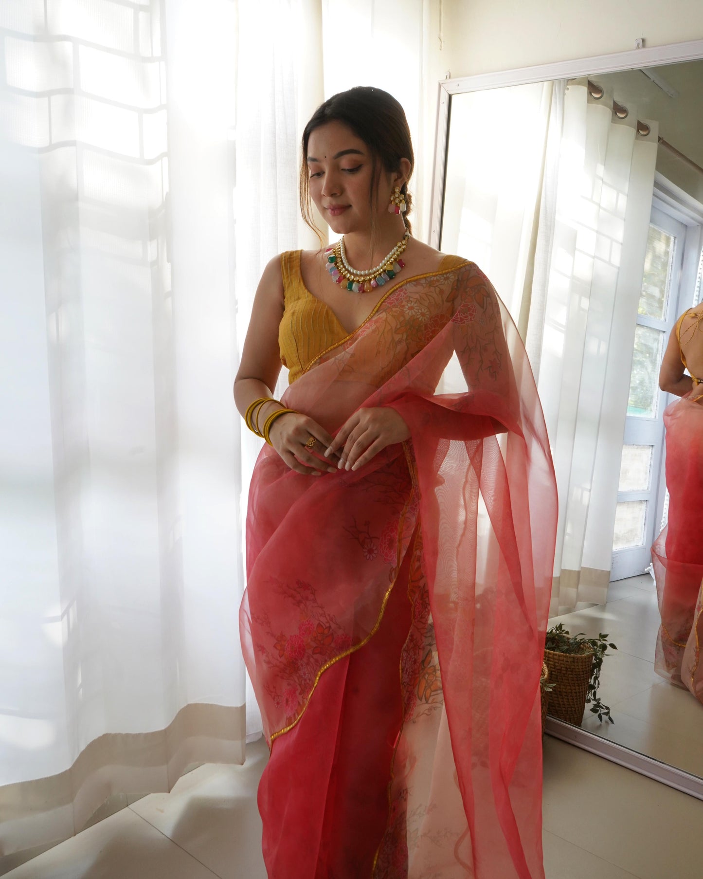 Radiant Pink Pure Organza Floral Handprinted Gota Worked Saree - INDIAN ELEGANCE