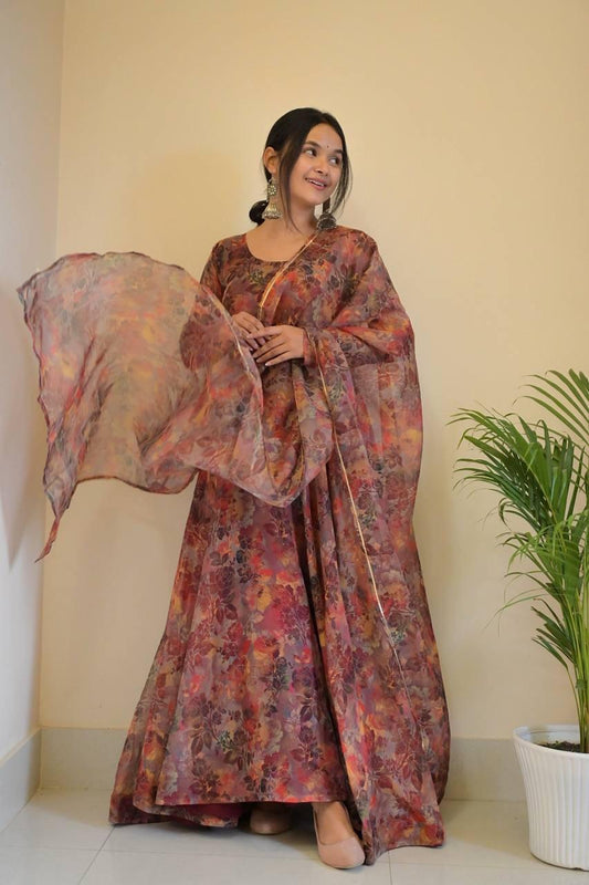 Luminous Brown Floral Digital Printed Organza Silk Anarkali Pant Suit - INDIAN ELEGANCE