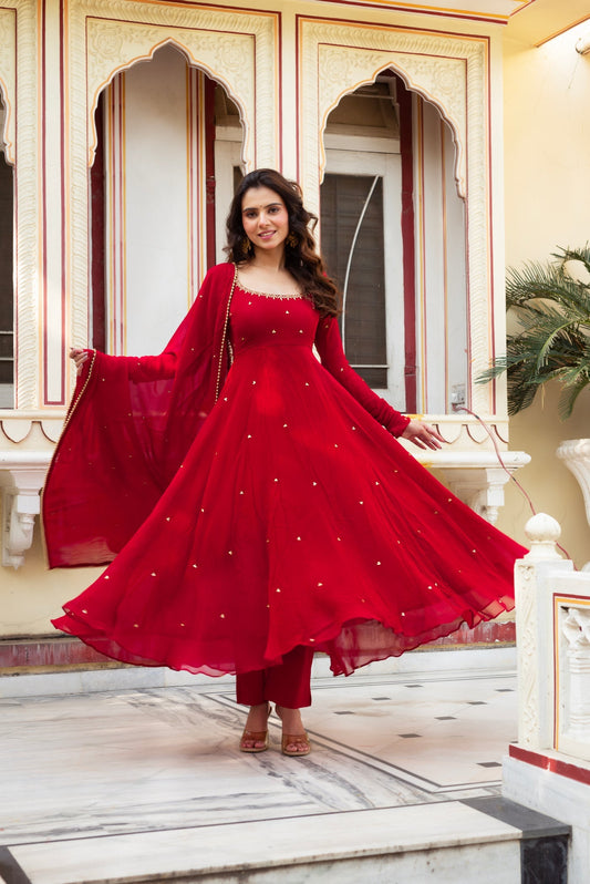 Stunning Red Full-Flare Georgette Anarkali Dress for Women