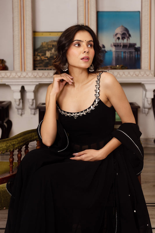 Elegant Black Georgette Hand Mirror Work Anarkali Festive Wear Set