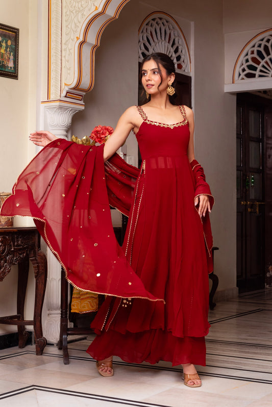 Elegant Maroon Hand Mirror Work Anarkali Set