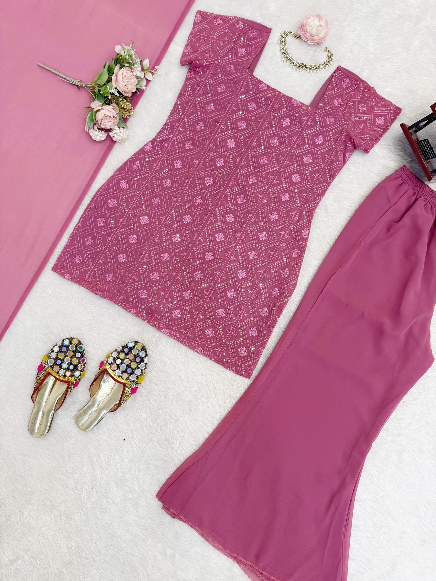 Party Wear Dusty Pink Faux Georgette Kurti Palazzo Suit