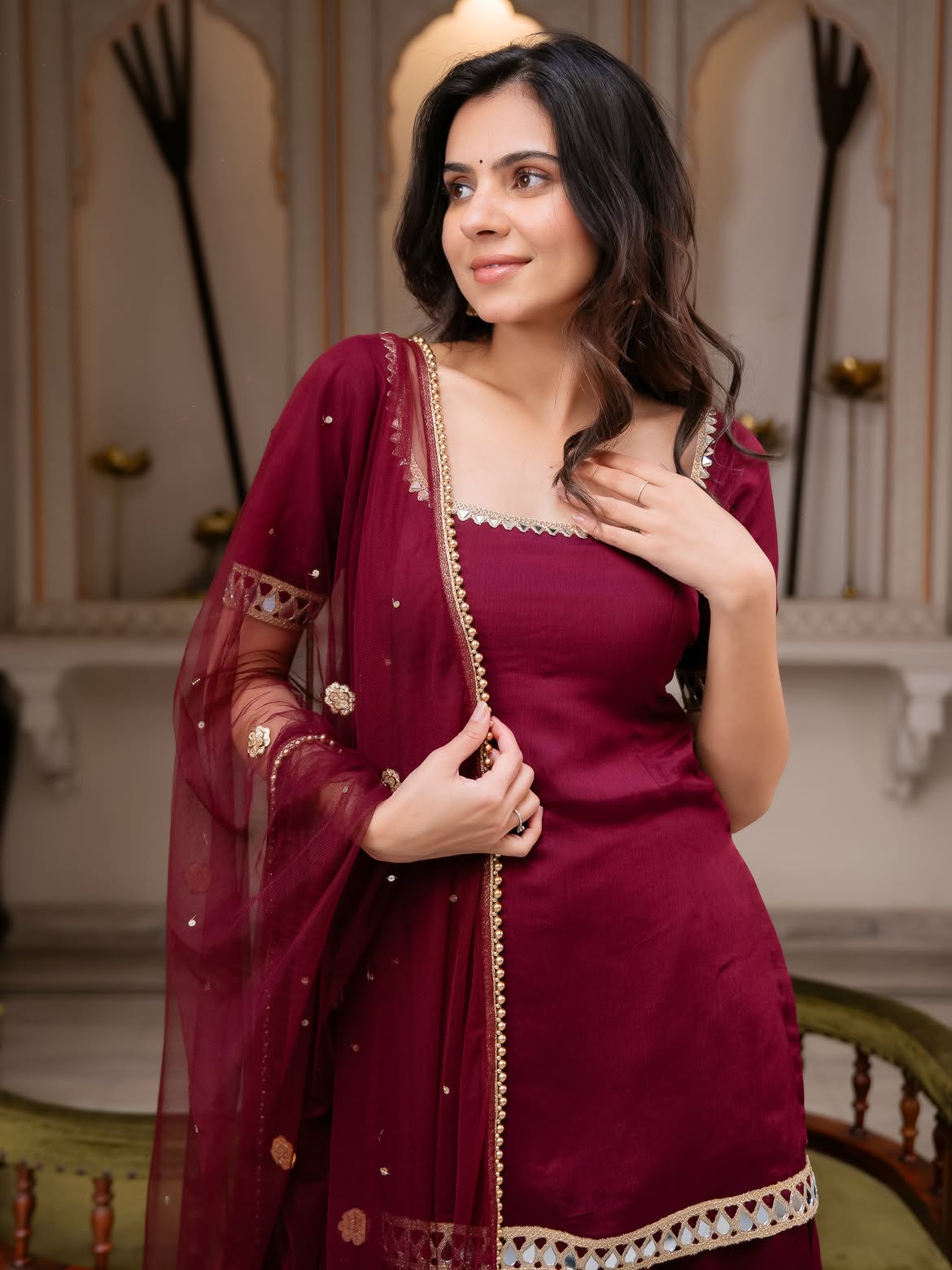 Designer Maroon Chinon Kurti Palazzo Set