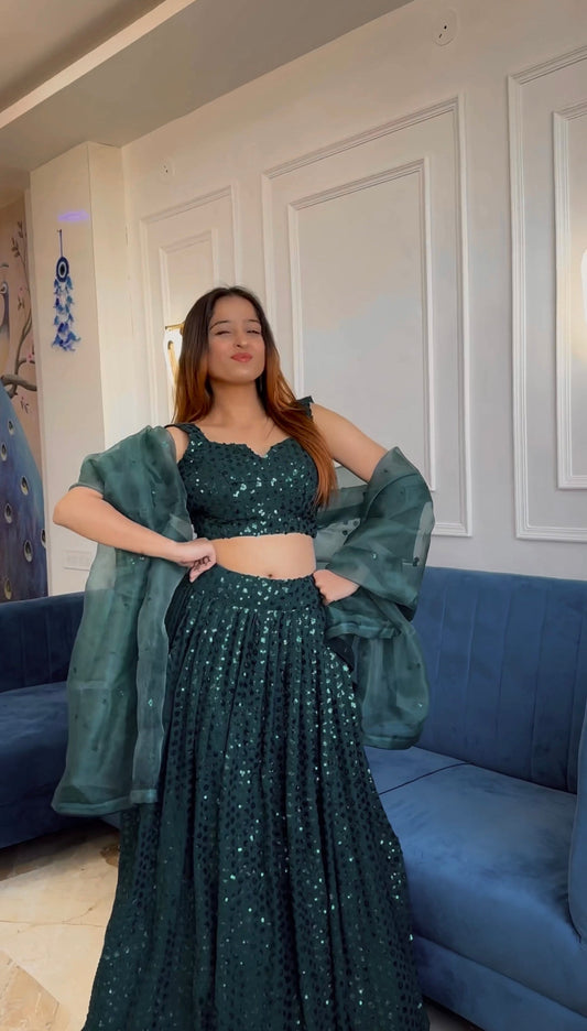 Luxurious Green Georgette Lehenga Set – Party Wear