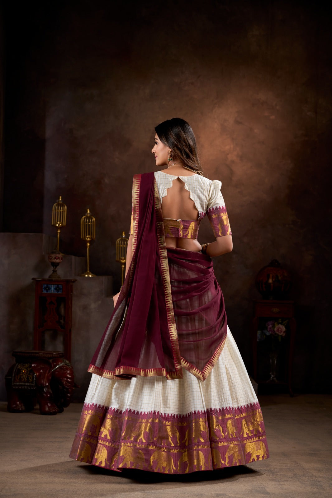 Royal White Kalyani Cotton Lehenga Choli With Maroon Georgette Dupatta