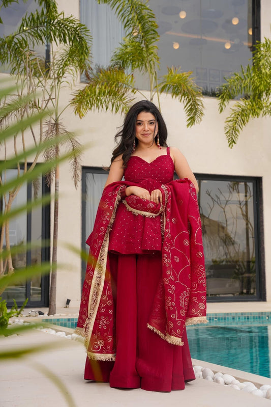Women's Maroon Organza Silk Peplum Sharara Suit