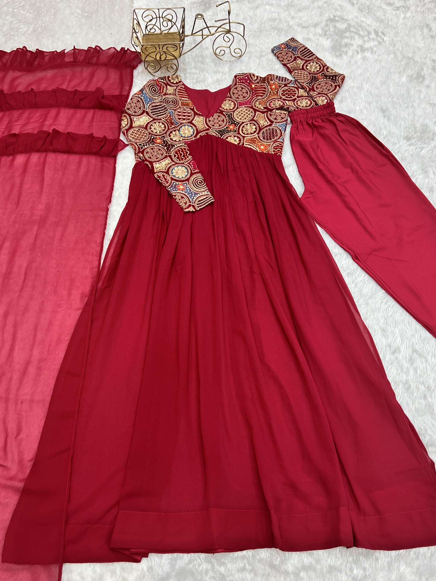 Classy Red Faux Georgette Sequins Dori Thread Zari Worked Anarkali Pant Suit - INDIAN ELEGANCE
