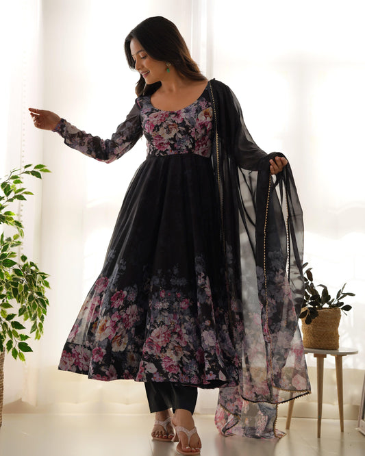 Lovely Organza Silk Floral Digital Printed Anarkali Pant Suit - INDIAN ELEGANCE
