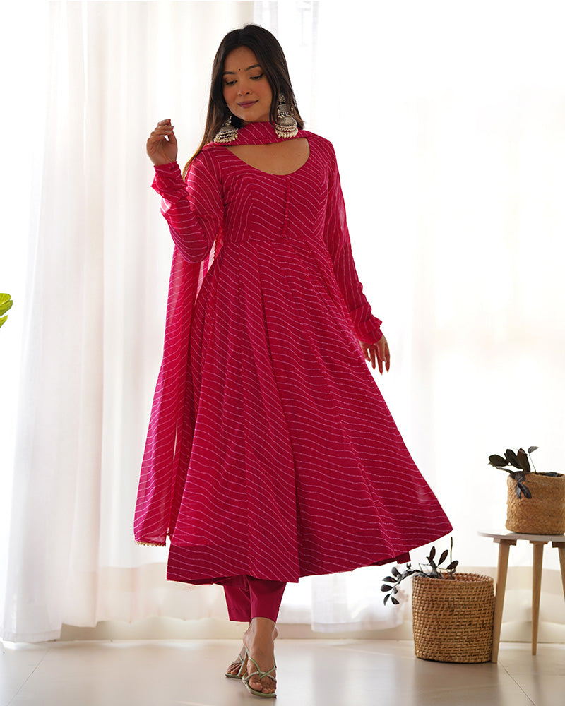 Laheriya Print Georgette Rani Pink Anarkali Suit Set