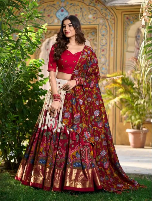 Stunning Tussar Silk Kalamkari Printed Foil Worked Lehenga Choli - INDIAN ELEGANCE