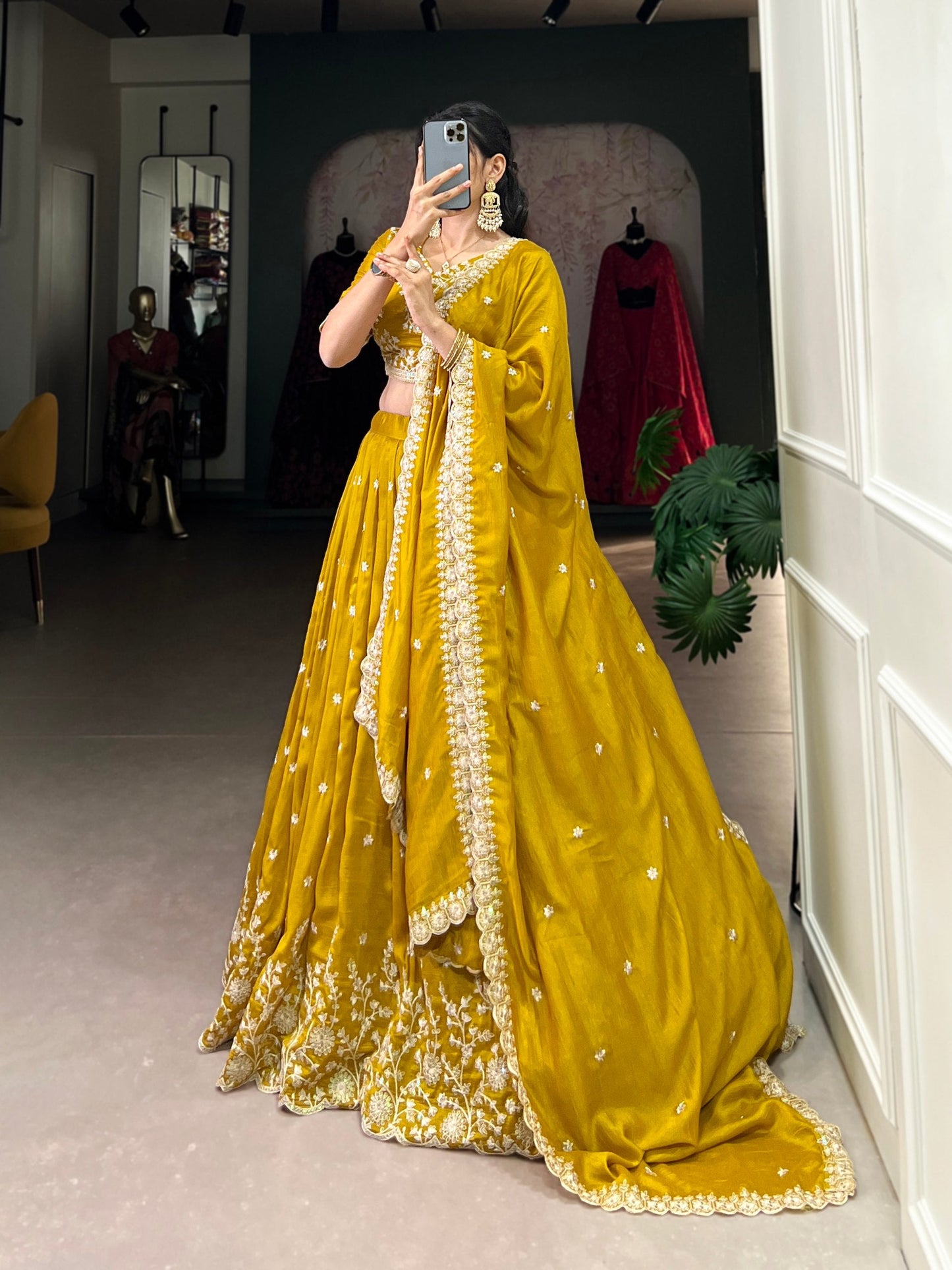 Stylish Mustard Yellow Vichitra Silk Sequins Thread Worked Lehenga Choli - INDIAN ELEGANCE