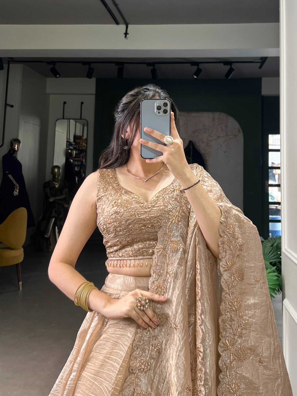 Luminous Chikoo Gold Crush Sequins Thread Worked Lehenga Choli - Festive Occasion