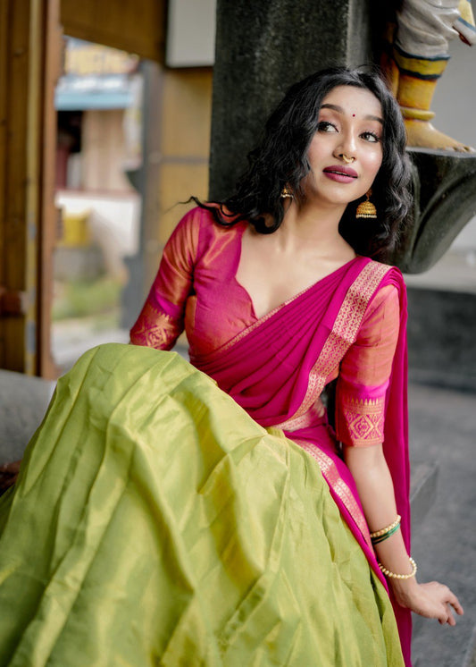 Stunning Pista Green Kanchipuram Silk Zari Weaving Worked Lehenga Choli - INDIAN ELEGANCE