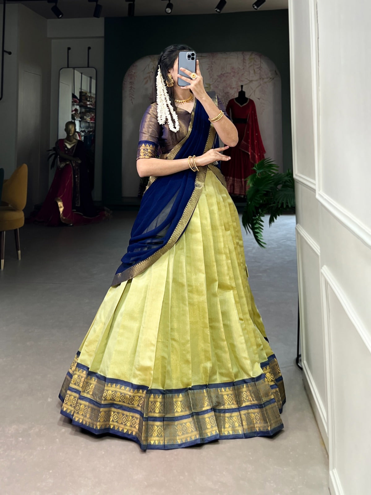 Stunning Kanchipuram Silk Zari Weaving Worked Lehenga Choli - INDIAN ELEGANCE