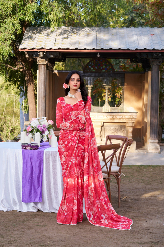 Beautiful Georgette Floral Digital Printed Saree - Perfect For Wedding & Festive