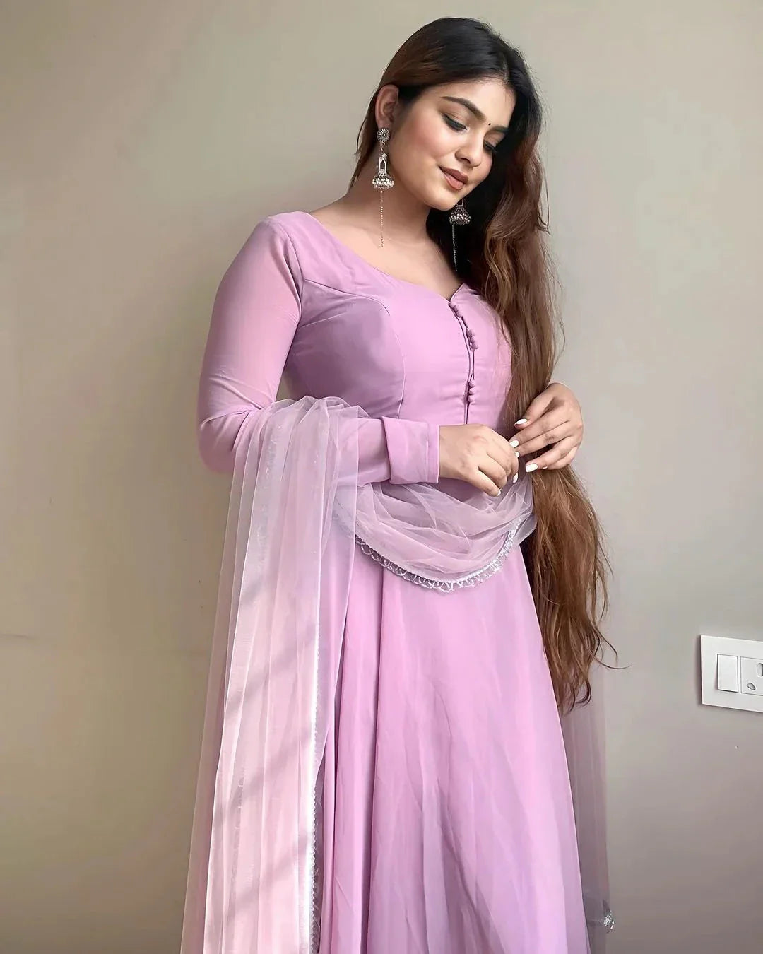 Lavender Faux Georgette Fully Stitched Anarkali Pant Suit - INDIAN ELEGANCE