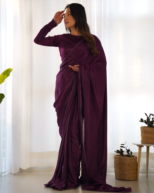 Radiant Wine Premium Marble Velvet Ready To Wear Saree - INDIAN ELEGANCE