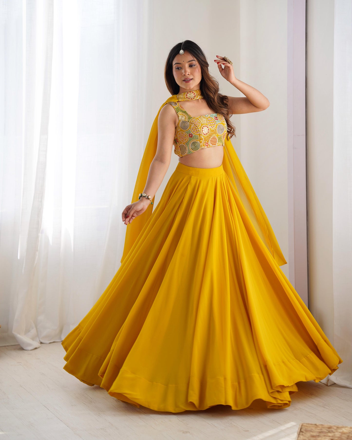 Amazing Yellow Pure Soft Faux Georgette Fully Stitched Lehenga Choli Set - INDIAN ELEGANCE