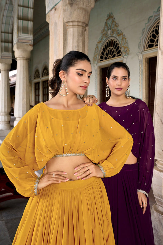 Elegant Georgette Sequins Butti Lace Border Worked Top Lehenga Set - INDIAN ELEGANCE