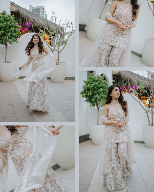 Elegant Off-White Party Wear Sharara Suit with Floral Embroidery