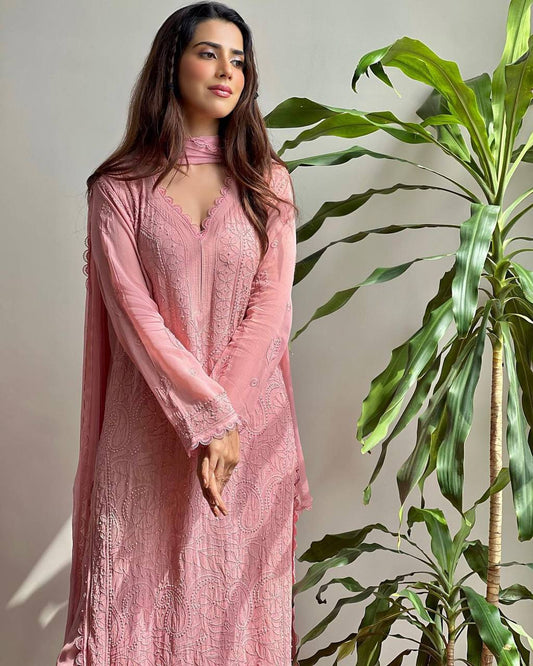 Women's Festive Peach Georgette Chikankari Kurti Set with Dupatta