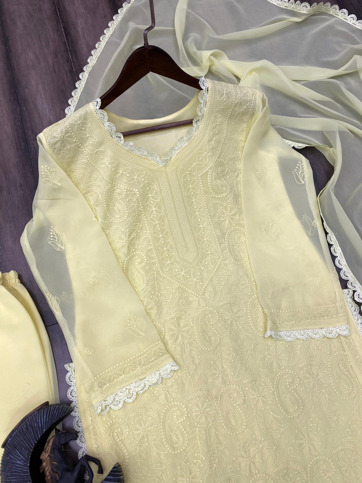 Women's Festive Yellow Georgette Chikankari Kurti Set with Dupatta