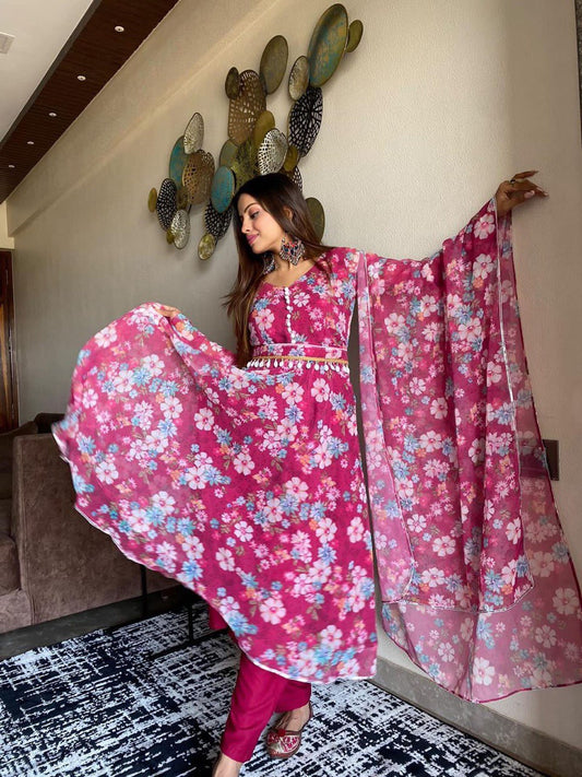 Winsome Rani Pink Georgette Silk Floral Anarkali Pant Suit - INDIAN ELEGANCE