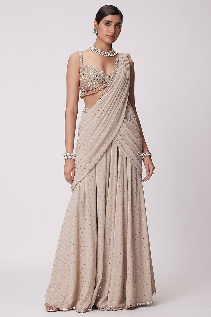 Women’s Party Wear Ready-Stitched Saree with Real Mirror Work