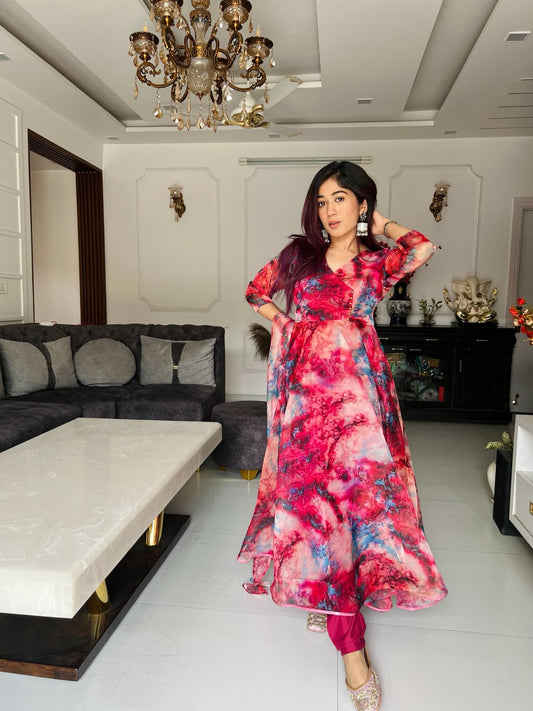 Royal Maroon Color Organza Silk Printed Anarkali Gown