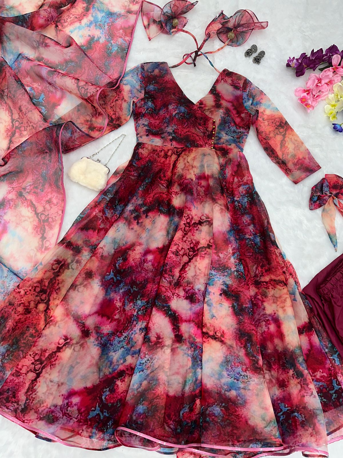 Royal Maroon Color Organza Silk Printed Anarkali Gown