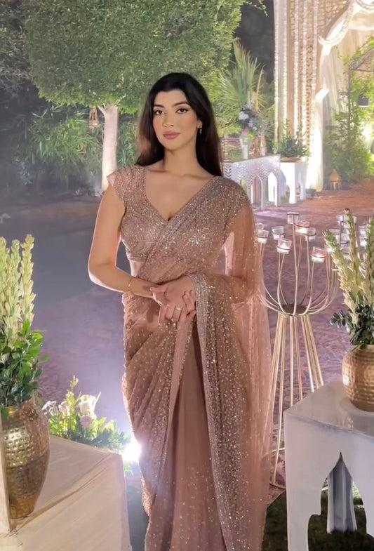 Luxury Rose Gold Sequin Pre-Draped Saree With Designer Blouse