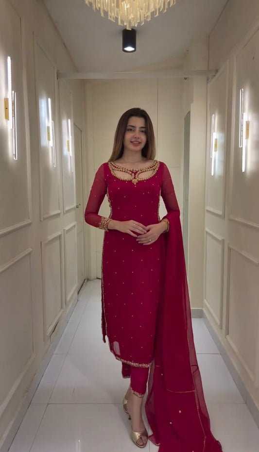 Cherry Red Faux Georgette Three Piece Set With Embroidery And Real Pearl Moti Work