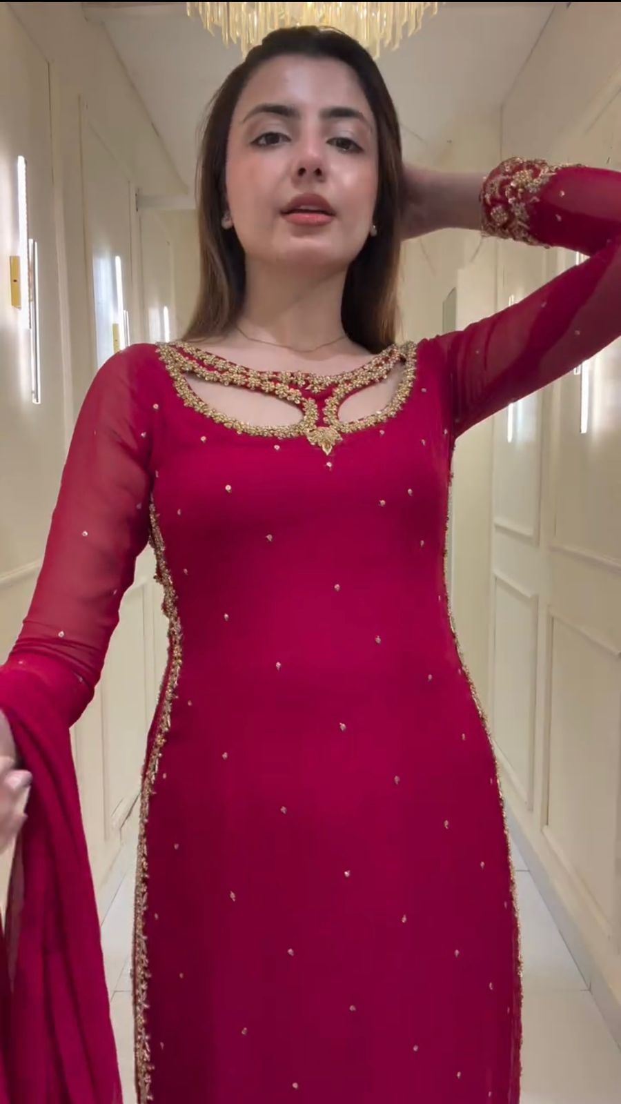 Cherry Red Faux Georgette Three Piece Set With Embroidery And Real Pearl Moti Work