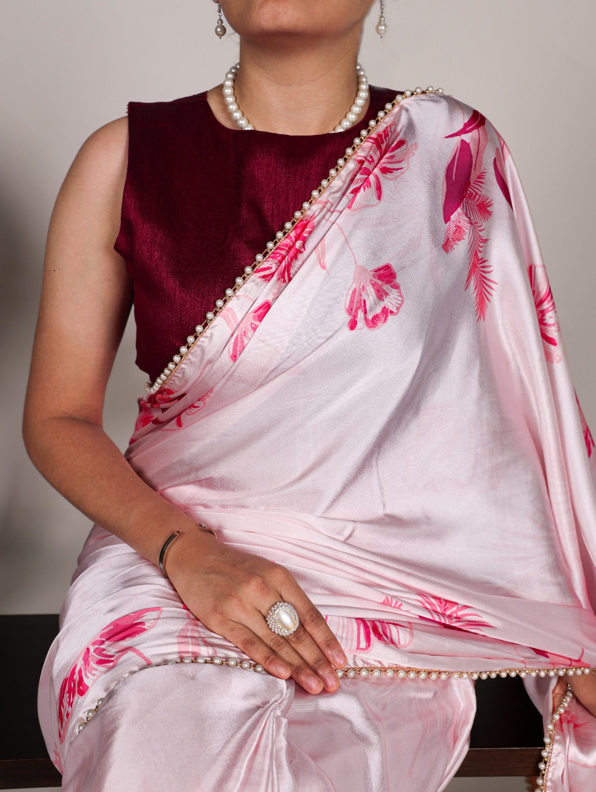 Spellbinding Pink Satin Silk Floral Printed Pearl Lace Border Saree - INDIAN ELEGANCE