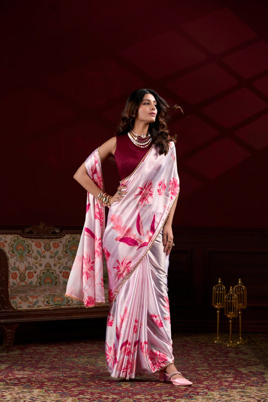 Spellbinding Pink Satin Silk Floral Printed Pearl Lace Border Saree - INDIAN ELEGANCE
