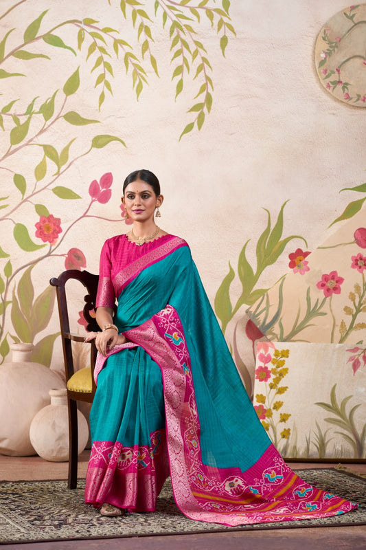 Graceful Tussar Chex Patola Printed Weaving Worked Saree - INDIAN ELEGANCE