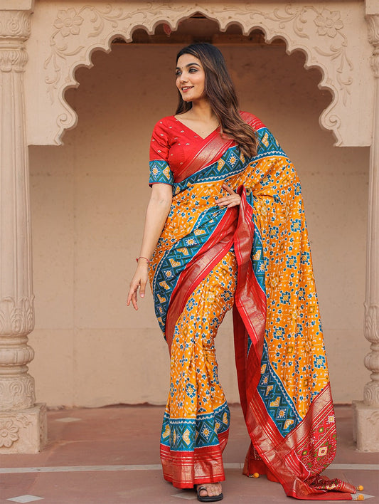 Sublime Mustard Patola Printed Mustard Dola Silk Saree - INDIAN ELEGANCE