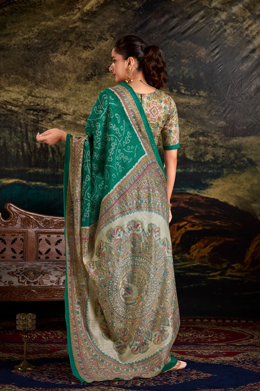 Magnificent Silk Fusion Madhubani Bandhej Printed Saree - INDIAN ELEGANCE