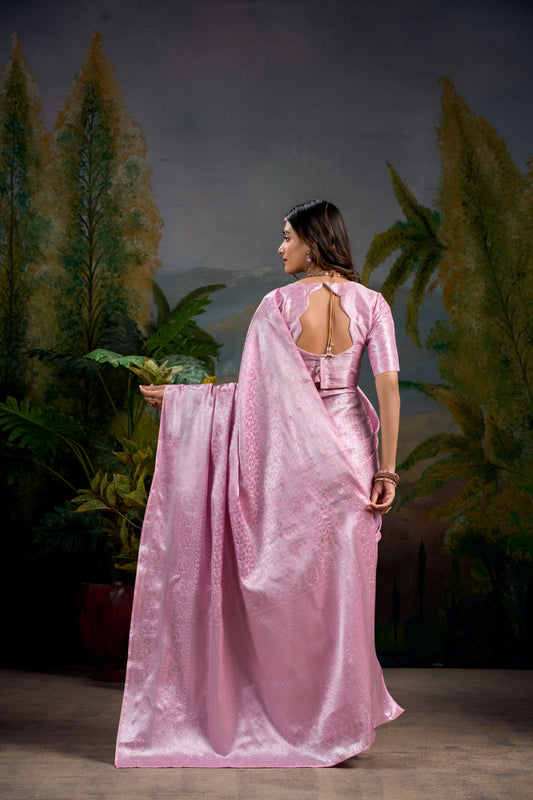 Stylish Peach Kanjivaram Silk Zari Weaving Worked Saree - INDIAN ELEGANCE