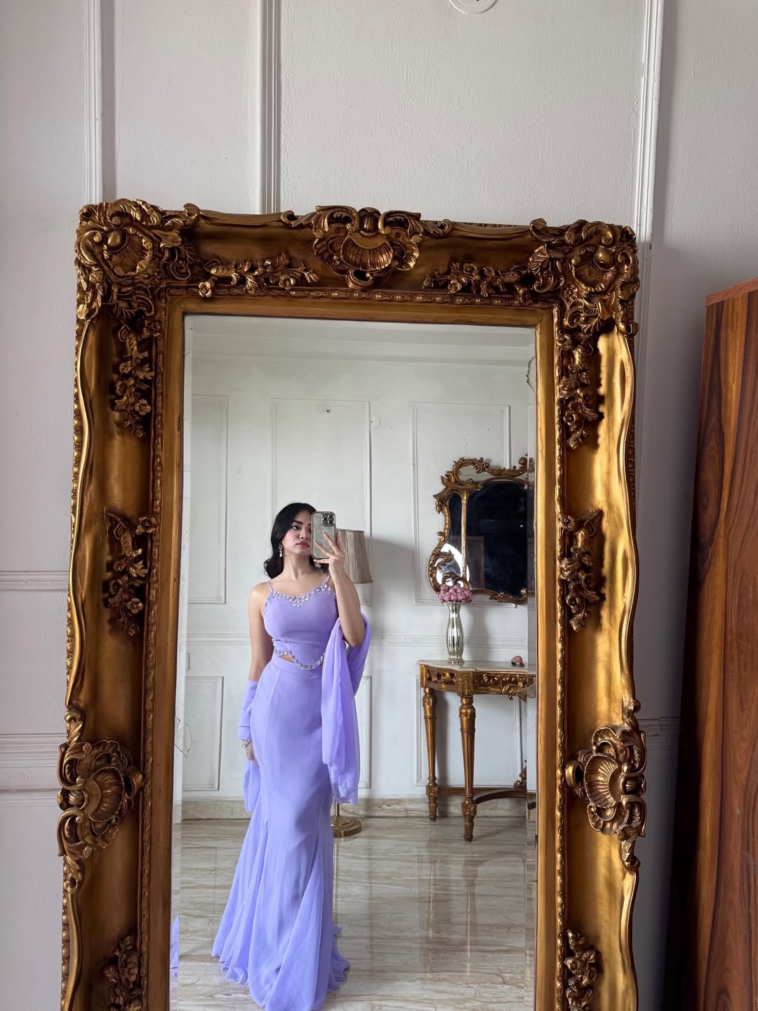 Lavender Pure Georgette Fish Cut Lehenga Choli Set With Stiched Blouse